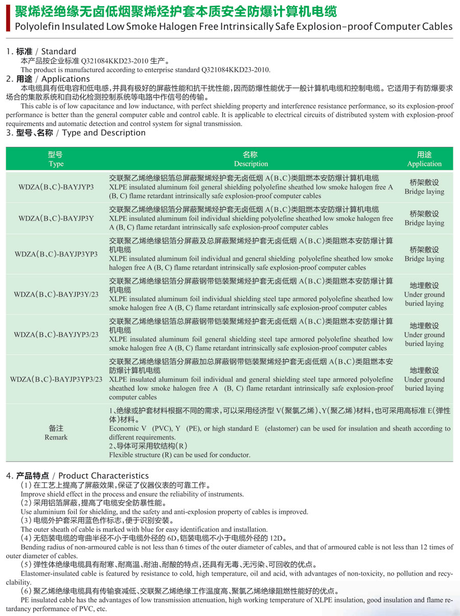 聚烯烃绝缘无卤低烟聚烯烃护套本质安全防爆计算机电缆