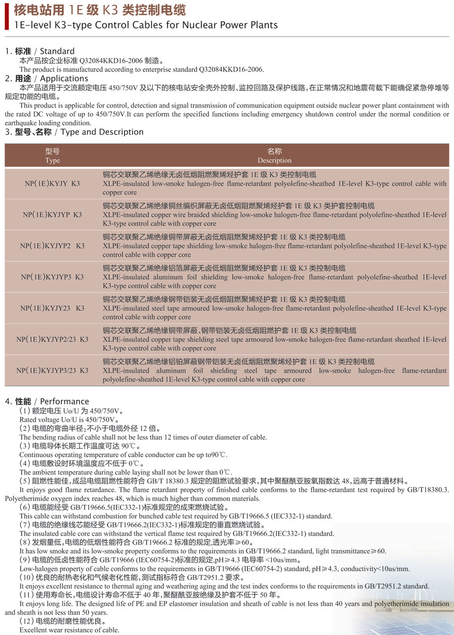 核电站用1E级K3类控制电缆